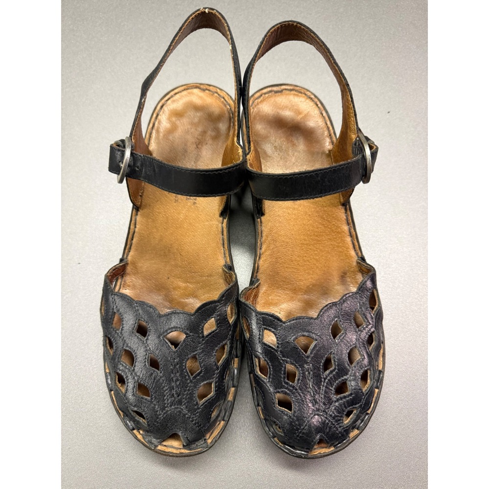 Josef Seibel Black Leather Laser Cut Wedge Sandals Slingback Buckle Womens 40